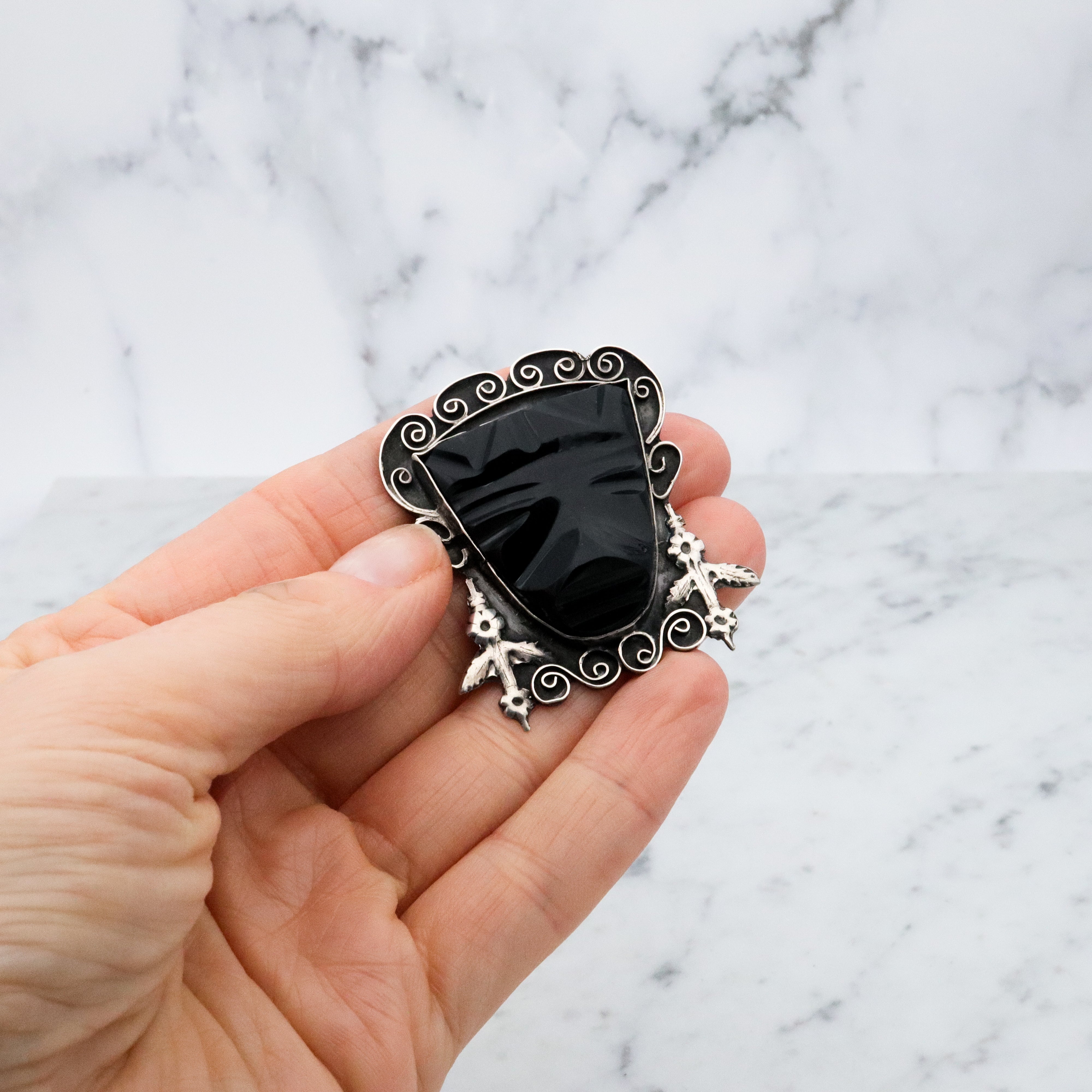 Antique 1920s Mexican sterling onyx carved Mayan mask brooch